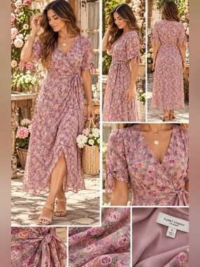 Floral Pink Wrap Maxi Dress with Tie Waist
